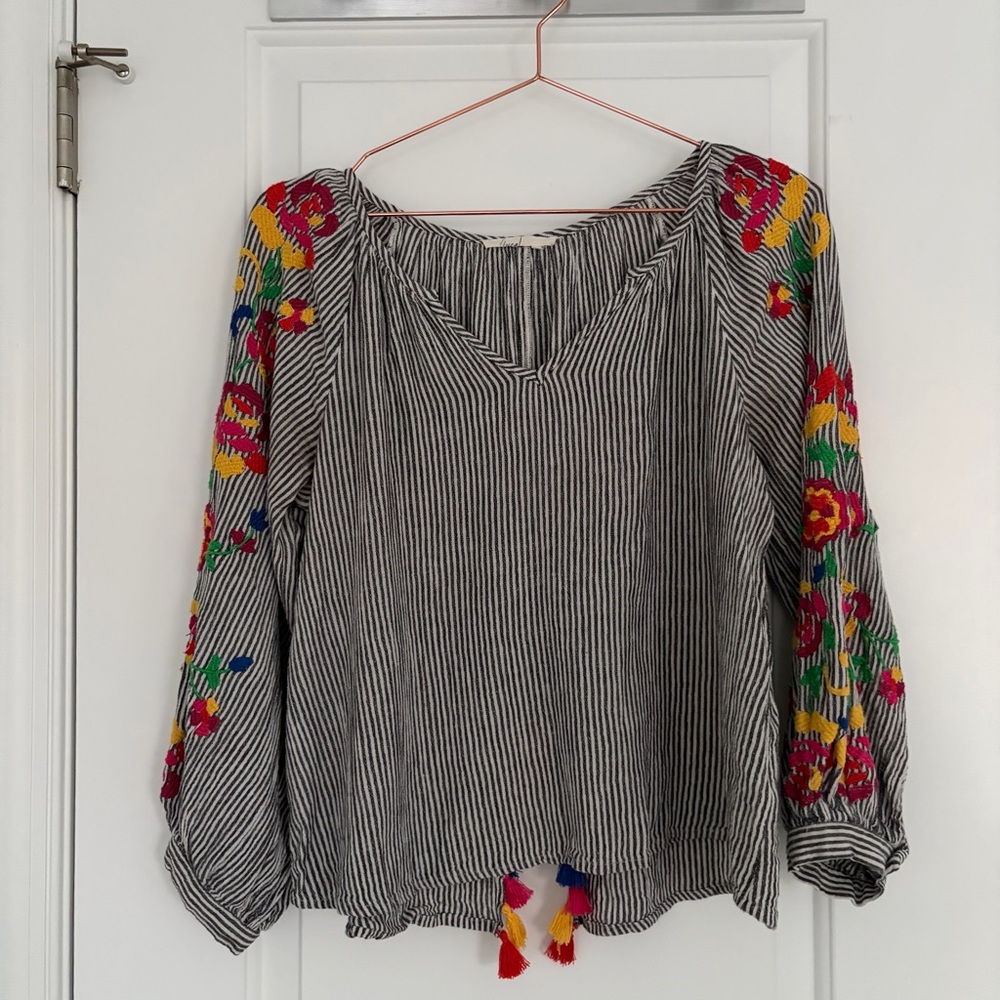ANTHROPOLOGIE Floreat Striped Embroidered Women's Top